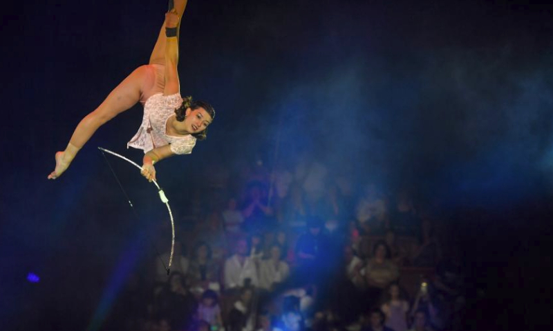 A participant performs during the World Circus Art Festival IDOL-2024 in Moscow, Russia, on July 18, 2024. The festival is held from July 18 to 21 in Moscow. (Photo by Alexander Zemlianichenko Jr/Xinhua)