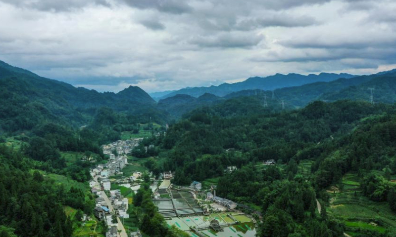 An aerial drone photo taken on July 19, 2024 shows a cold-water fish breeding base in Quyang Village, Taiyuan Township of Pengshui Miao-Tujia Autonomous County, southwest China's Chongqing.

Situated deep in the Wuling mountains, Quyang Village boasts an ideal environment for cold-water fish breeding. In recent years, the village has introduced leading enterprises for cold-water fish breeding, and developed breeding projects for species such as sturgeon, rainbow trout and golden trout to help boost local farmers' income. (Xinhua/Liu Chan)