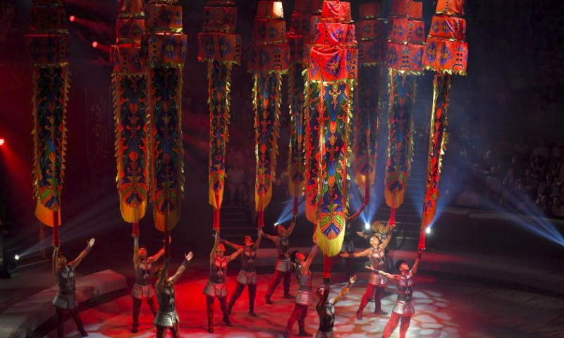 Participants from China perform during the World Circus Art Festival IDOL-2024 in Moscow, Russia, on July 18, 2024. The festival is held from July 18 to 21 in Moscow. (Photo by Alexander Zemlianichenko Jr/Xinhua)