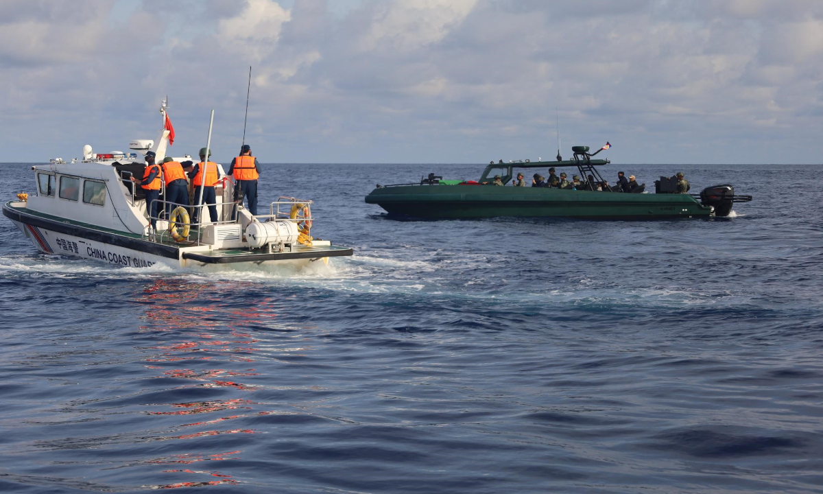 A China Coast Guard vessel takes restrictive measures against a Philippine supply boat in accordance with the law in waters off China's Ren'ai Jiao in the South China Sea on June 17, 2024. Photo: Courtesy of China Coast Guard