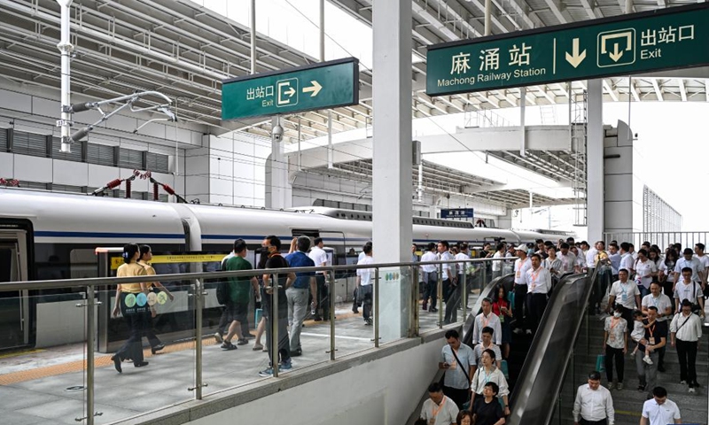 The first train of the intercity railway from Foshan to Dongguan is seen at Machong Station in Dongguan, south China's Guangdong Province, May 26, 2024. (Photo: Xinhua)