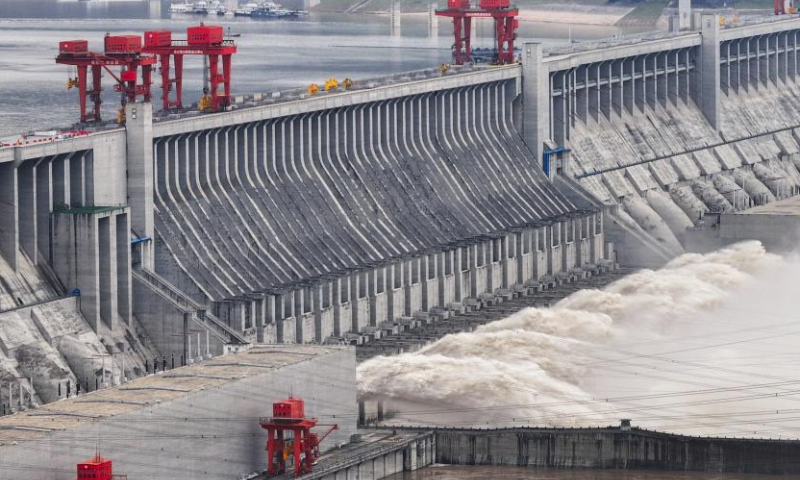 An aerial drone photo taken on July 20, 2024 shows a view of the Three Gorges Dam in central China's Hubei Province. The Three Gorges reservoir has continued to discharge water, as its inflow of water has significantly increased due to recent rainfalls on the upper reaches of the Yangtze River. (Xinhua/Xiao Yijiu)