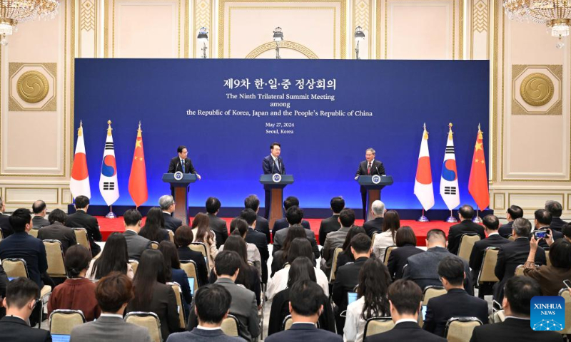 Chinese Premier Li Qiang jointly meets the press with South Korean President Yoon Suk-yeol and Japanese Prime Minister Fumio Kishida following the ninth Trilateral Summit Meeting among China, Japan and South Korea, in Seoul, South Korea, May 27, 2024. Photo: Xinhua