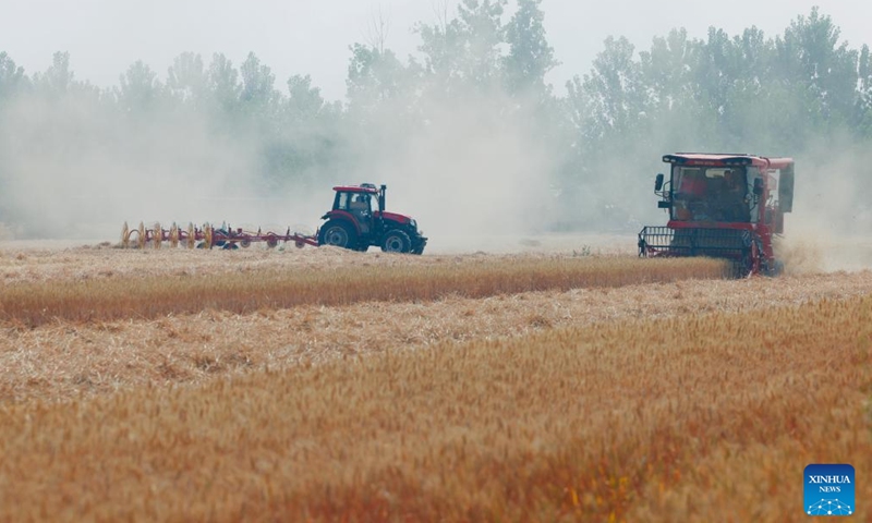 Reapers work in the wheat fields in Yindian Village in Runan County, Zhumadian City of central China's Henan Province, May 25, 2024. (Photo: Xinhua)