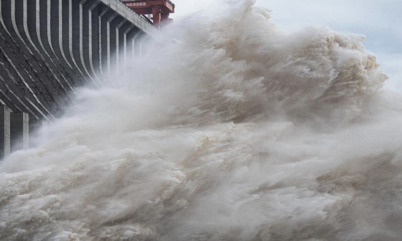 This photo taken on July 20, 2024 shows a view of the Three Gorges Dam in central China's Hubei Province. The Three Gorges reservoir has continued to discharge water, as its inflow of water has significantly increased due to recent rainfalls on the upper reaches of the Yangtze River. (Xinhua/Xiao Yijiu)