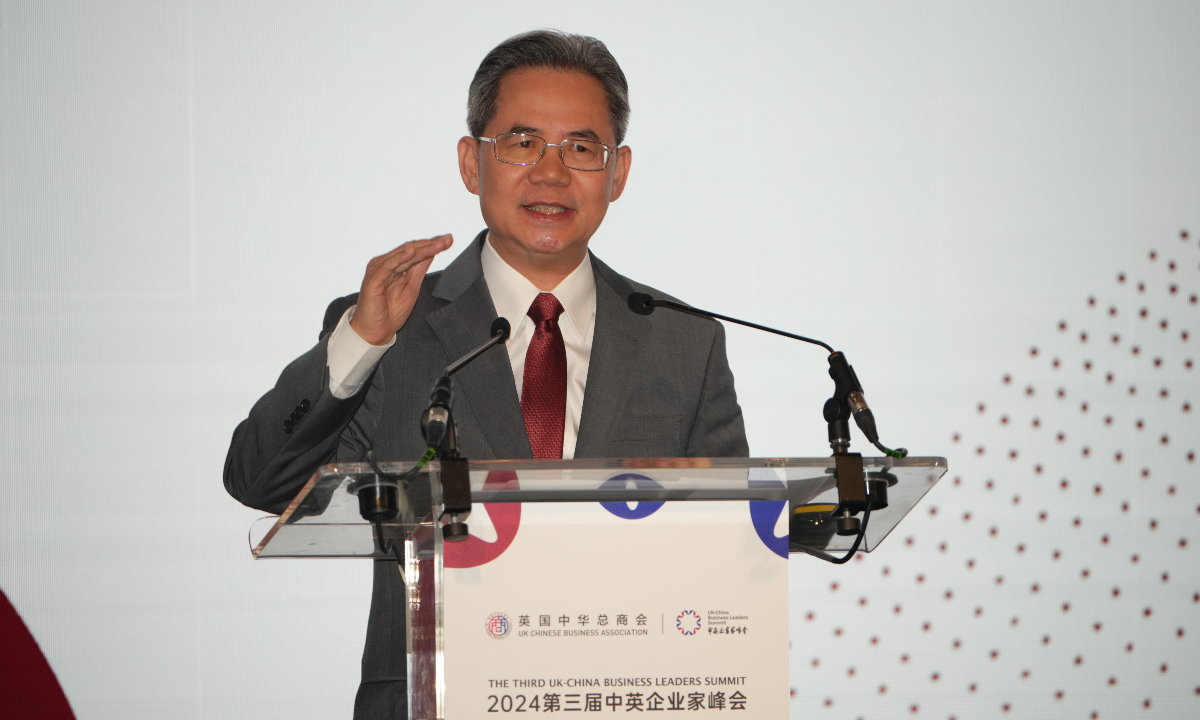 Ambassador Zheng Zeguang addresses the Third UK-China Business Leaders Summit in London on May 28. Photo: Courtesy of the summit organizers