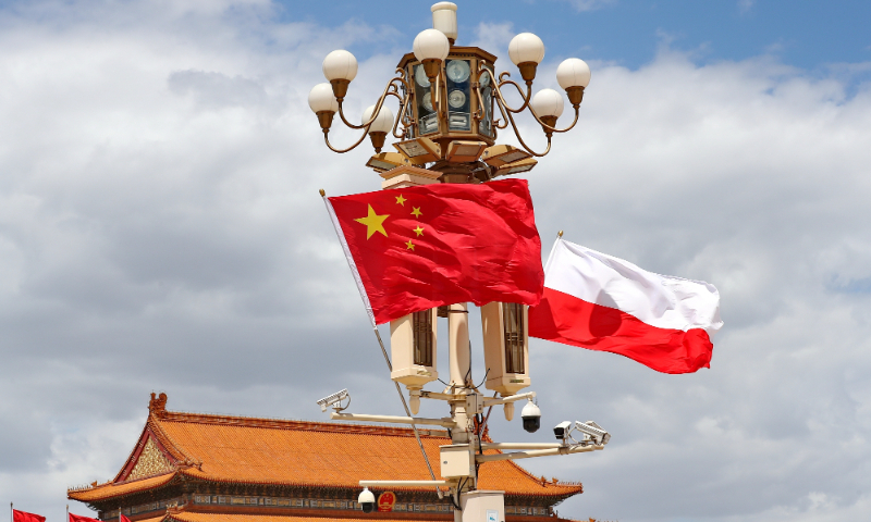 The national flags of China and Poland are displayed at Tiananmen Square in Beijing on June 23, 2024 to welcome the visit of Polish President Andrzej Duda. Photo: VCG