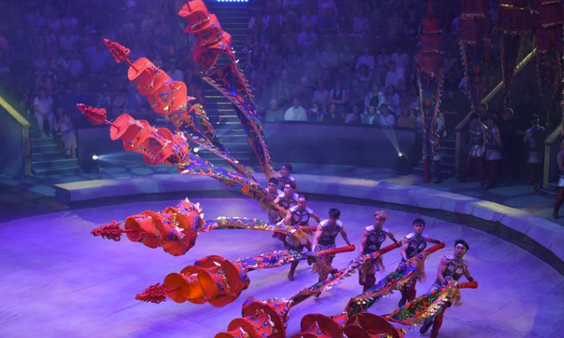 Participants from China perform during the World Circus Art Festival IDOL-2024 in Moscow, Russia, on July 18, 2024. The festival is held from July 18 to 21 in Moscow. (Photo by Alexander Zemlianichenko Jr/Xinhua)