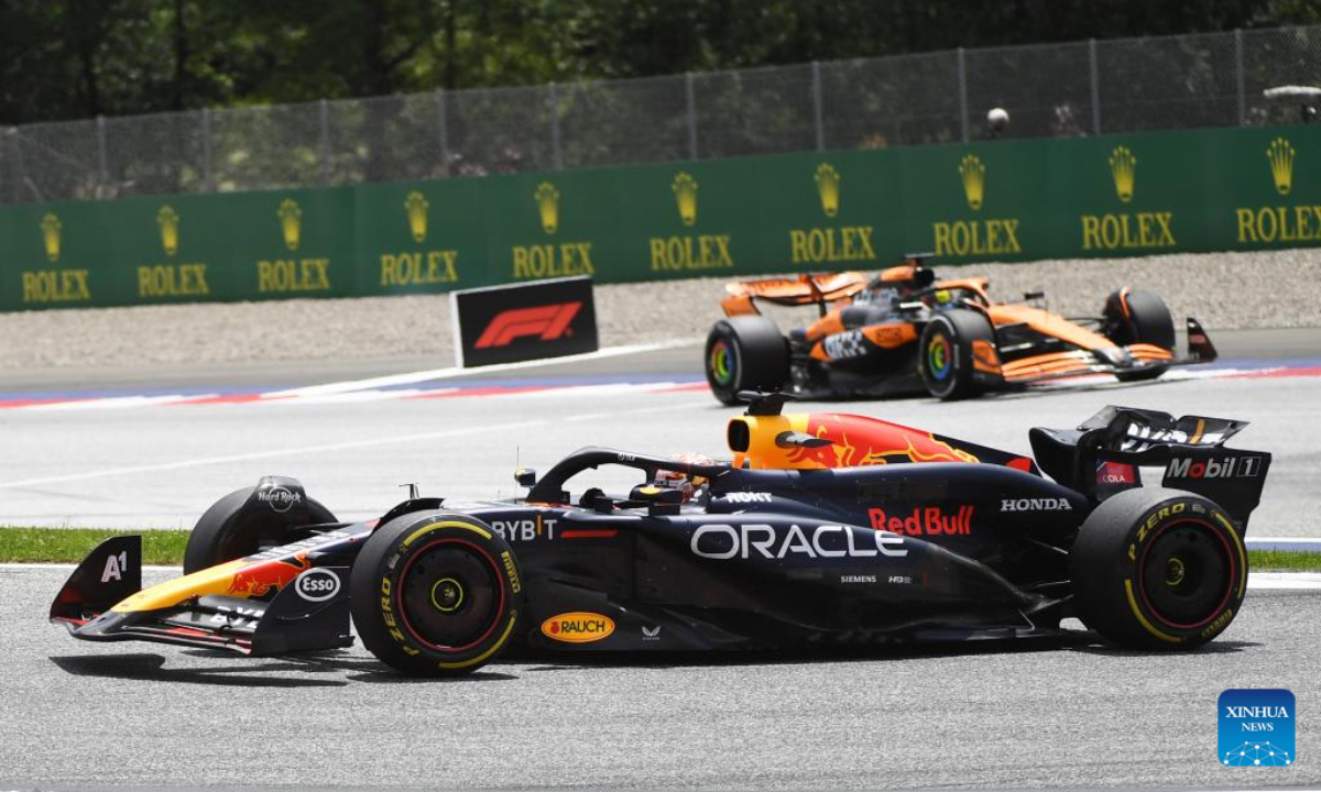 Red Bull Racing's Dutch driver Max Verstappen (front) competes during the first practice session of the Formula 1 Austrian Grand Prix in Spielberg, Austria, June 28, 2024. (Photo: Xinhua)