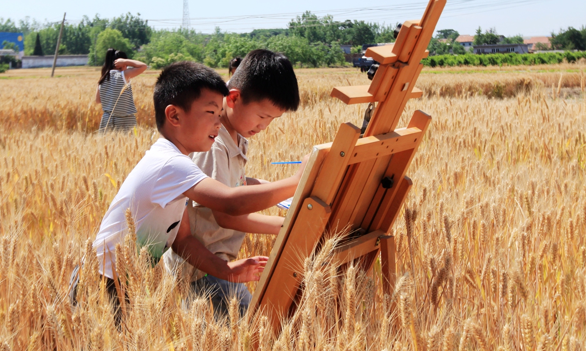 Children draw at the wheat planting base in Dongjiazhuang village, Pingyi county, East China's Shandong Province, on May 28, 2024.
