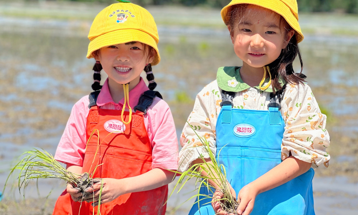 Children experience to plant rice seedlings in the field at an ecological farm in Urumqi, Capital of Northwest China's Xinjiang Uygur Autonomous Region, on May 28, 2024.