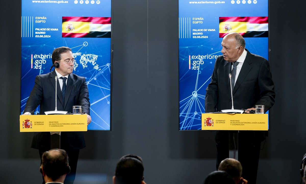 Egyptian Foreign Minister Sameh Shoukry (right) and Spanish Foreign Minister José Manuel Albares attend a joint press conference at the Palacio de Viana on June 3, 2024, in Madrid. The two ministers discussed the war in Gaza and the recognition of the State of Palestine among other issues. Photo: VCG