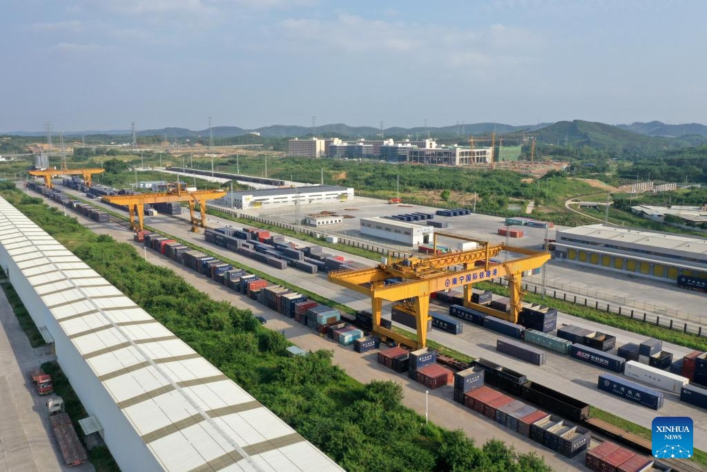 An aerial drone photo taken on May 13, 2024 shows the container handling area of Nanning International Railway Port in Nanning, south China's Guangxi Zhuang Autonomous Region. In recent years, Guangxi has sought open, ocean-oriented development opportunities so as to make greater achievements in promoting high-quality development.(Photo: Xinhua)