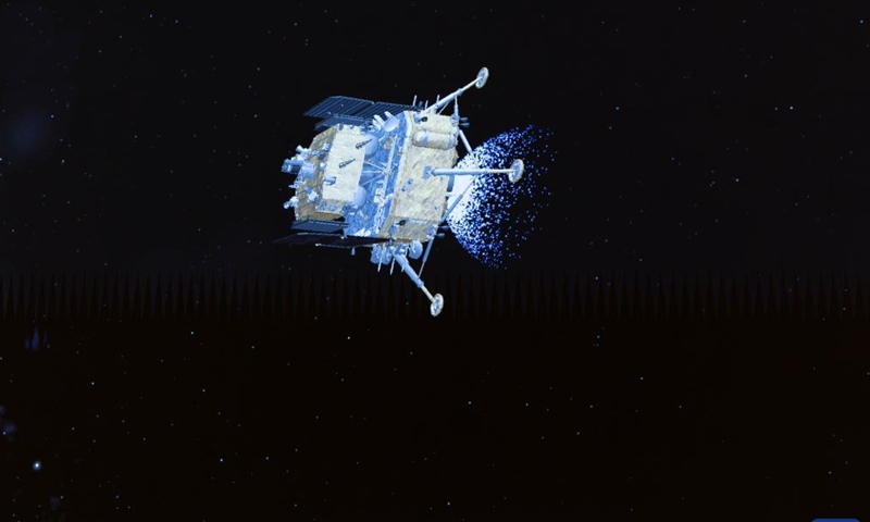 This image taken from video animation at Beijing Aerospace Control Center (BACC) on June 2, 2024 shows the lander-ascender combination of Chang'e-6 probe before landing on the far side of the moon. China's Chang'e-6 touched down on the far side of the moon on Sunday morning, and will collect samples from this rarely explored terrain for the first time in human history, the China National Space Administration (CNSA) announced. (Photo: Xinhua)