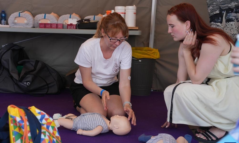 A medical worker demonstrates first aid techniques during an event to mark the International Children's Day at the Dome Square in Riga, Latvia, June 1, 2024. The International Children's Day was celebrated in Riga on Saturday. (Photo: Xinhua)