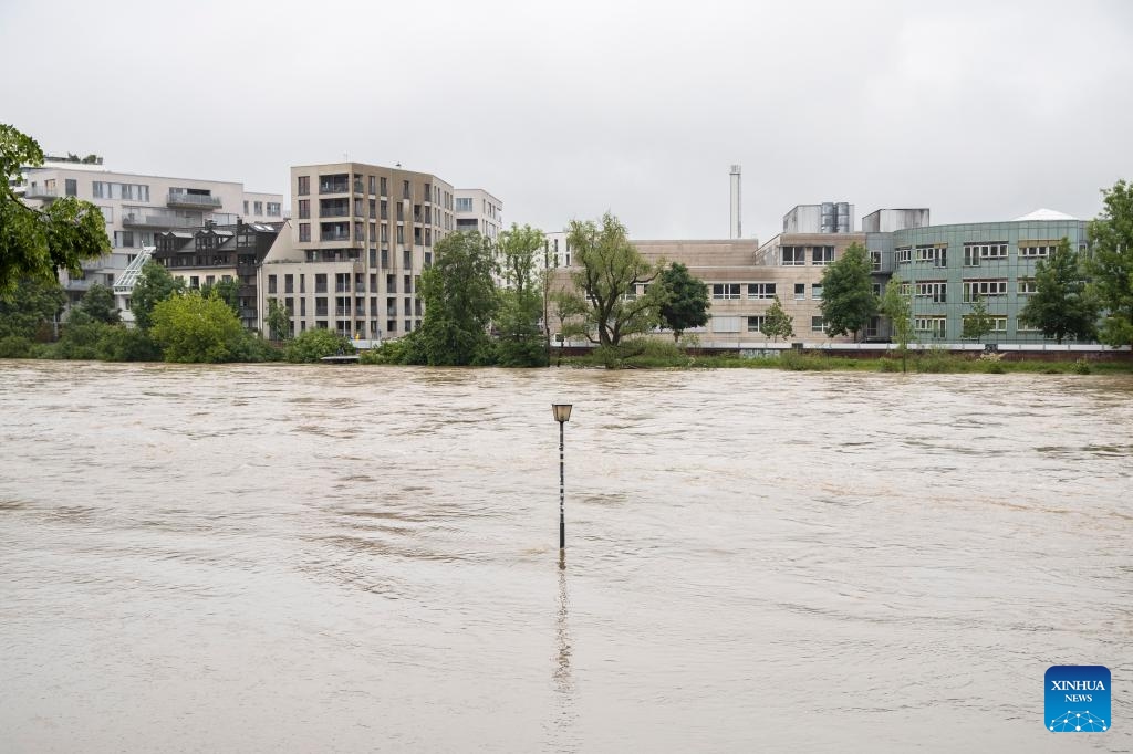 This photo taken on June 2, 2024 shows a flooded area as the water level of the Danube river has risen in Ulm, southern German state of Baden-Wuerttemberg.(Photo: Xinhua)