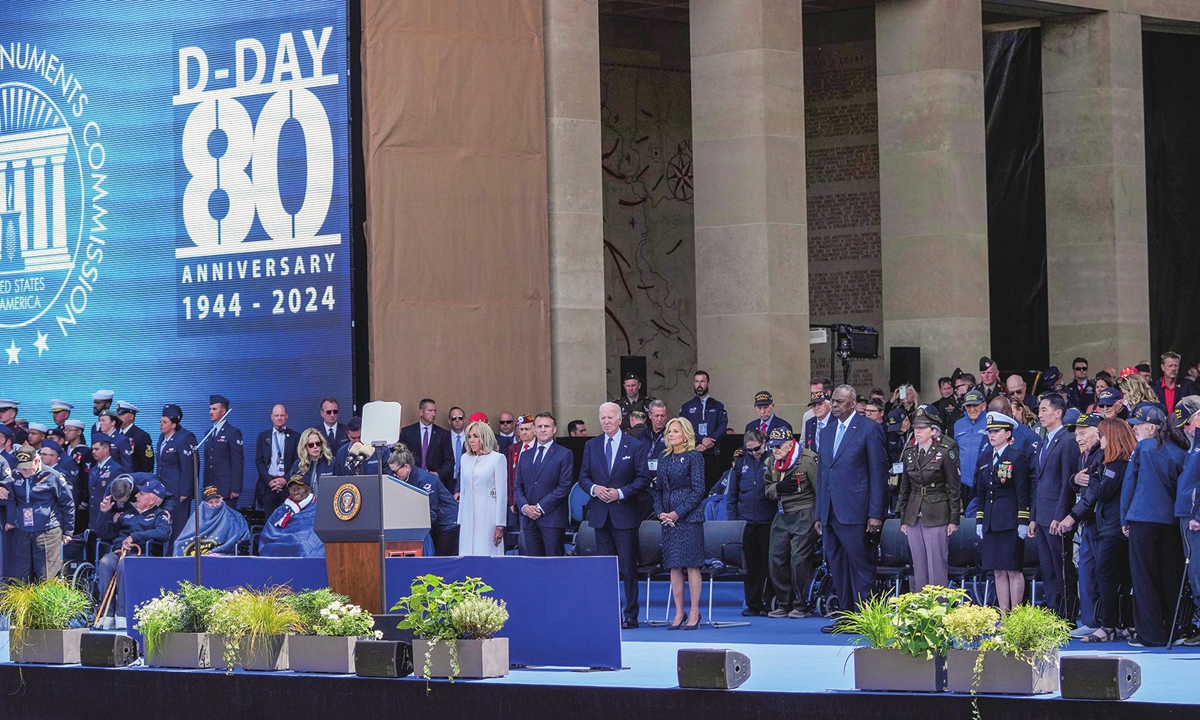 US President Joe Biden, French President Emmanuel Macron and American WWII veterans attend a ceremony to mark the 80th anniversary of D-Day at the Normandy American Cemetery in Colleville-sur-Mer, Normandy, France, on June 6, 2024. Photo: AFP