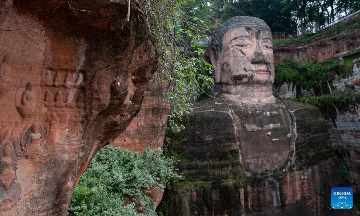 This drone photo shows an archway at the Leshan Giant Buddha scenic area in southwest China's Sichuan Province, June 4, 2024. (Xinhua/Jiang Hongjing)