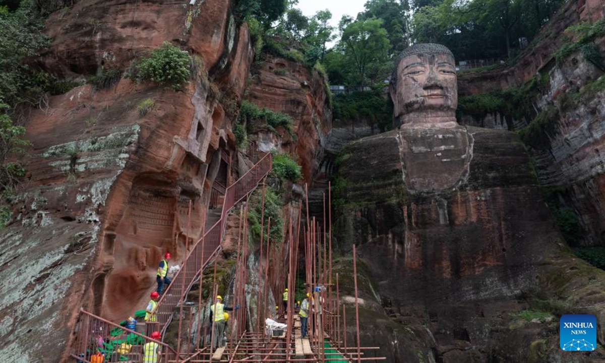 This drone photo shows an archway at the Leshan Giant Buddha scenic area in southwest China's Sichuan Province, June 4, 2024. (Xinhua/Jiang Hongjing)