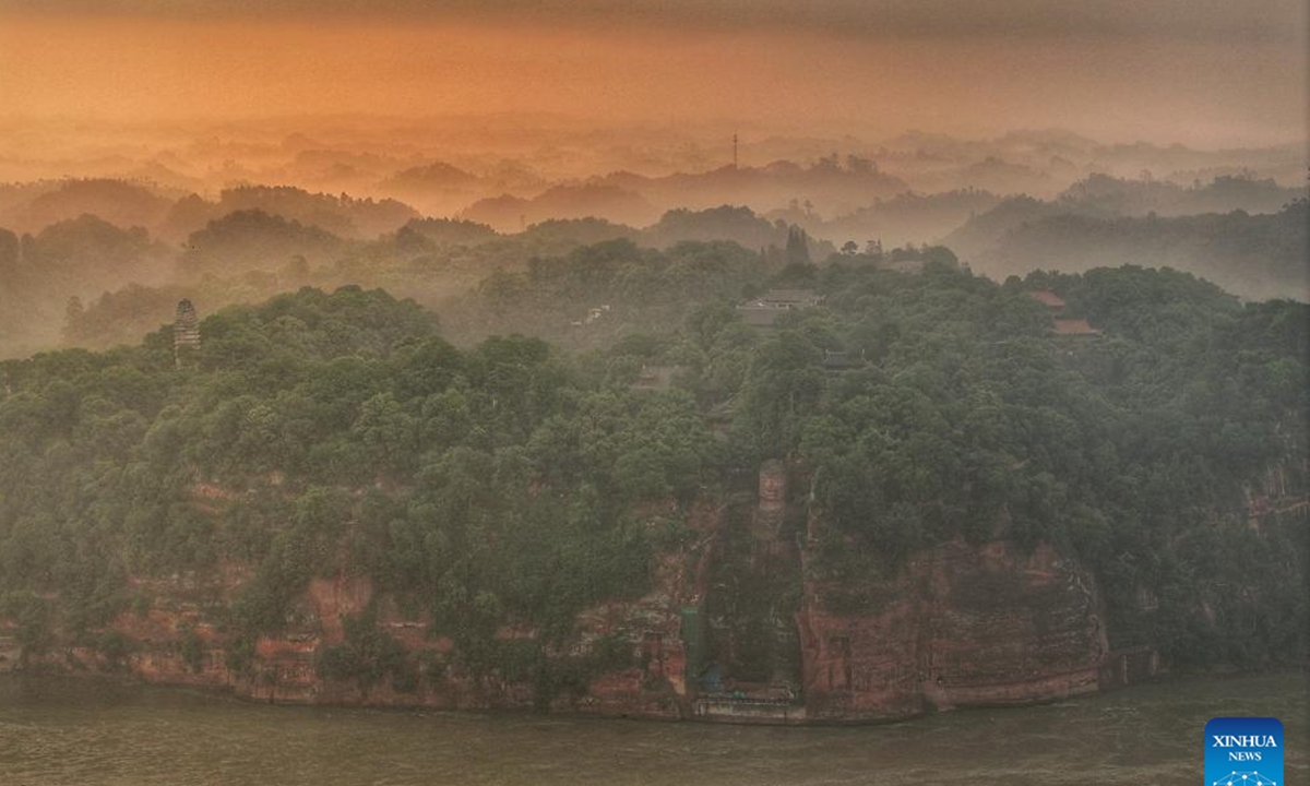 This drone photo shows an archway at the Leshan Giant Buddha scenic area in southwest China's Sichuan Province, June 4, 2024. (Xinhua/Jiang Hongjing)