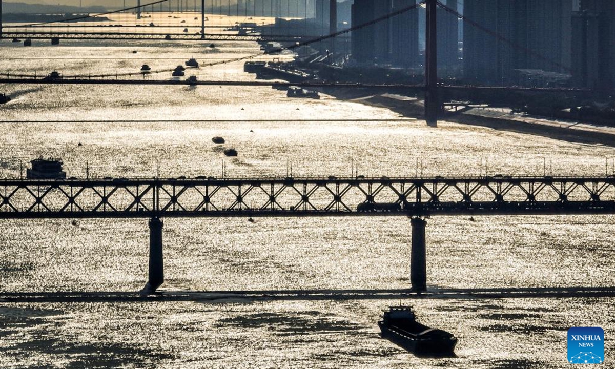 A drone photo taken on Jan. 23, 2024 shows a train running on the Yangtze River Bridge in Wuhan, central China's Hubei Province. In recent years, provinces in China's central region have been striving to construct modernized transportation system based on geographical advantage, industrial foundation and resource endowment. (Xinhua/Xiao Yijiu)


