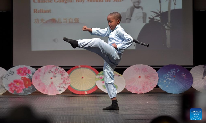 A student performs Chinese martial art during the Chinese Bridge Chinese language competition for primary school students in Gaborone, Botswana on June 7, 2024.  (Photo: Xinhua)