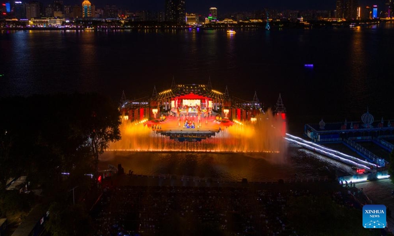 An aerial drone photo taken on June 10, 2024 shows the live-action performance Encounter Harbin staged at Sun Island scenic spot in Harbin, northeast China's Heilongjiang Province. (Photo: Xinhua)