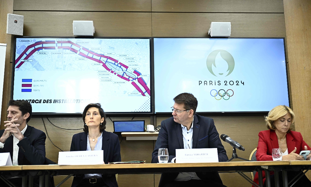 Deputy to Paris' Mayor in charge of Sport and Olympic games Pierre Rabadan (left), France's Minister for Sports and Olympics Amelie Oudea-Castera (second left), France's Deputy Minister for Transport Patrice Vergriete (second right), and Ile-de-France region President Valerie Pecresse (right) hold a press conference outlining the transport logistics for the opening ceremony of the Paris 2024 Olympic games, in Paris, on June 13, 2024. Photo: VCG