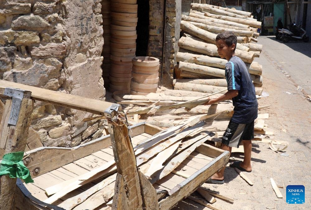 Salih, 12, loads wood onto his cart in a wholesale market in Baghdad, Iraq, on June 8, 2024.(Photo: Xinhua)