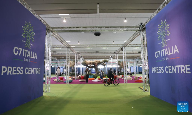 This photo taken on June 12, 2024 shows a view of the media center of the Group of Seven (G7) summit in Bari, Apulia Region, Italy. The G7 summit is to be held in the southern Apulia region on June 13-15.(Photo: Xinhua)