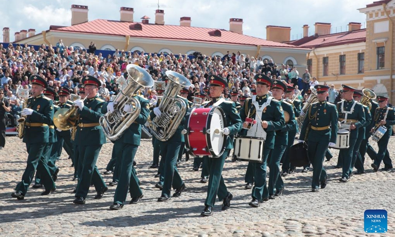 A military music festival is held to celebrate the Russia Day in St. Petersburg, Russia, June 12, 2024. Russia Day marks the date when the First Congress of People's Deputies of the Russian Federation adopted the Declaration of Russia's National Sovereignty in 1990.(Photo: Xinhua)