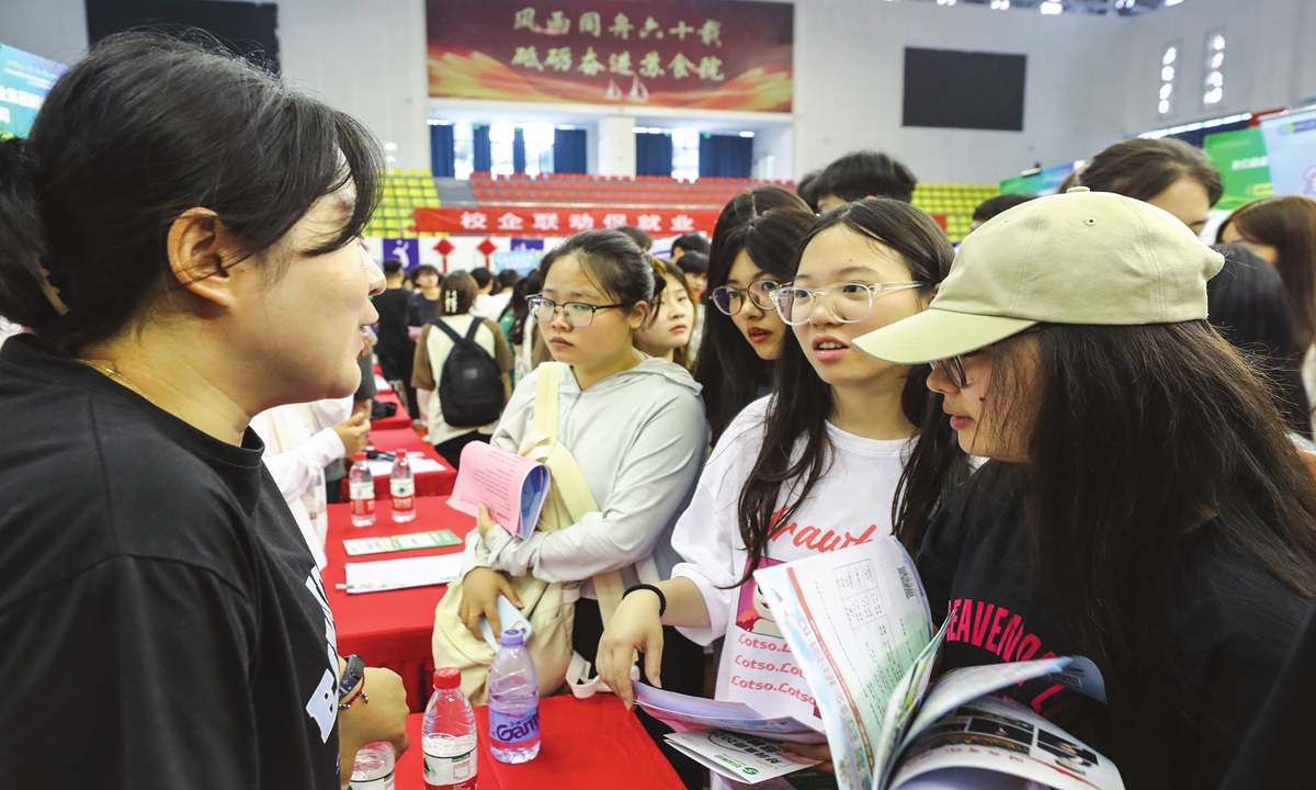 Newly graduated college students discuss with a recruiter at a job fair in Huai'an city, East China's Jiangsu Province on June 16, 2024. The job fair attracted more than 300 local enterprises offering job vacancies exceeding 10,000, covering more than 30 manufacturing and service fields. Photo: VCG
