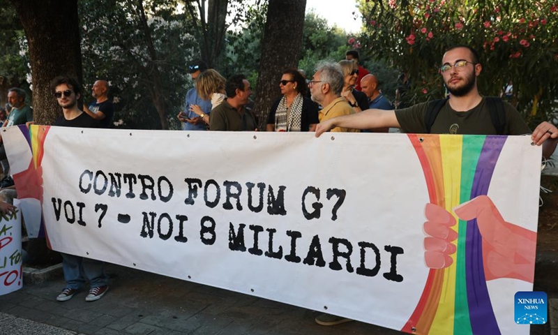 People protest during an anti-G7 manifestation at Fasano, Apulia in southern Italy, June 14, 2024. (Photo: Xinhua)