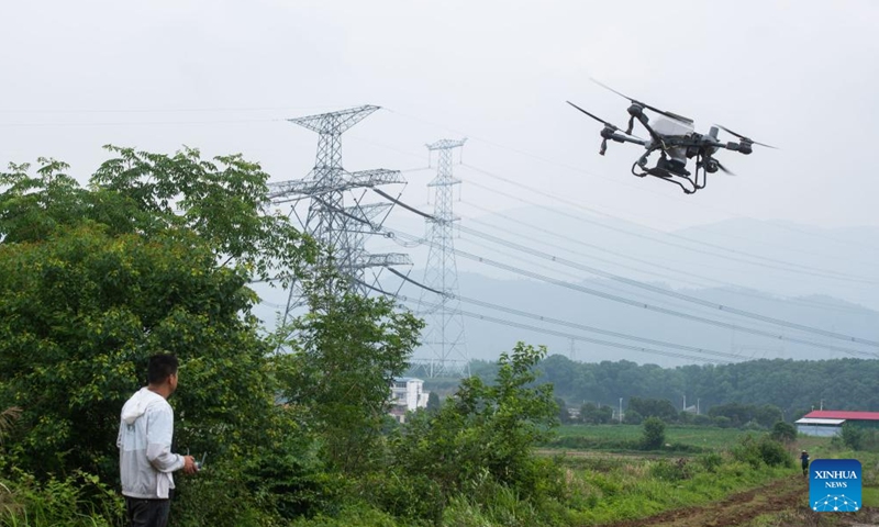 An operator controls a drone for seeding at a field in Taogang Township of Huangshi, central China's Hubei Province, June 6, 2024. With the application of technologies such as 5G and BeiDou Navigation Satellite System, the intelligent level of traditional industries in China's central region has been upgraded in recent years. (Photo: Xinhua)