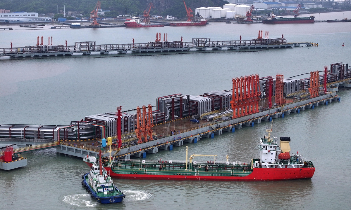 An oil tanker loaded with 3,000 tons of fuel berths at an oil reserve facility in the Port of Zhoushan, East China's Zhejiang Province on June 19, 2024. China's crude output totaled 89.10 million tons in the January-May period, rising 1.8 percent year-on-year, data from the National Bureau of Statistics showed.  Photo: cnsphoto