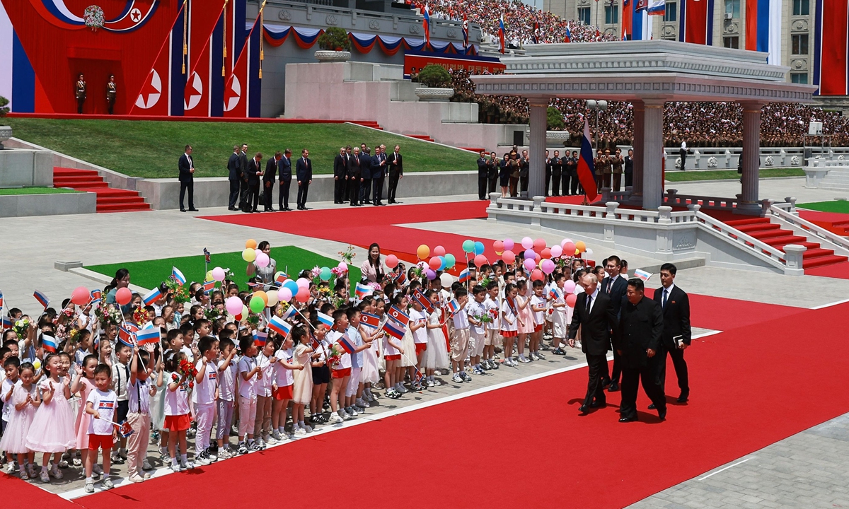 Russian President Vladimir Putin and North Korean top leader Kim Jong-un attend an official welcoming ceremony at Kim Il Sung Square in Pyongyang, North Korea on June 19, 2024. Photo: VCG