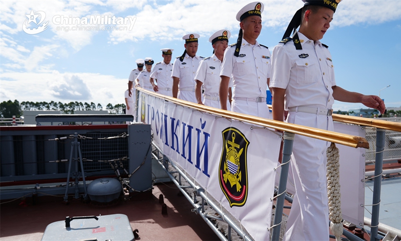 Chinese sailors board the Russian naval corvette Gromkiy for a visit during the China-Russia joint naval exercise coded Exercise Joint Sea-2024 on July 13, 2024. (eng.chinamil.com.cn/Photo by Luan Cheng)