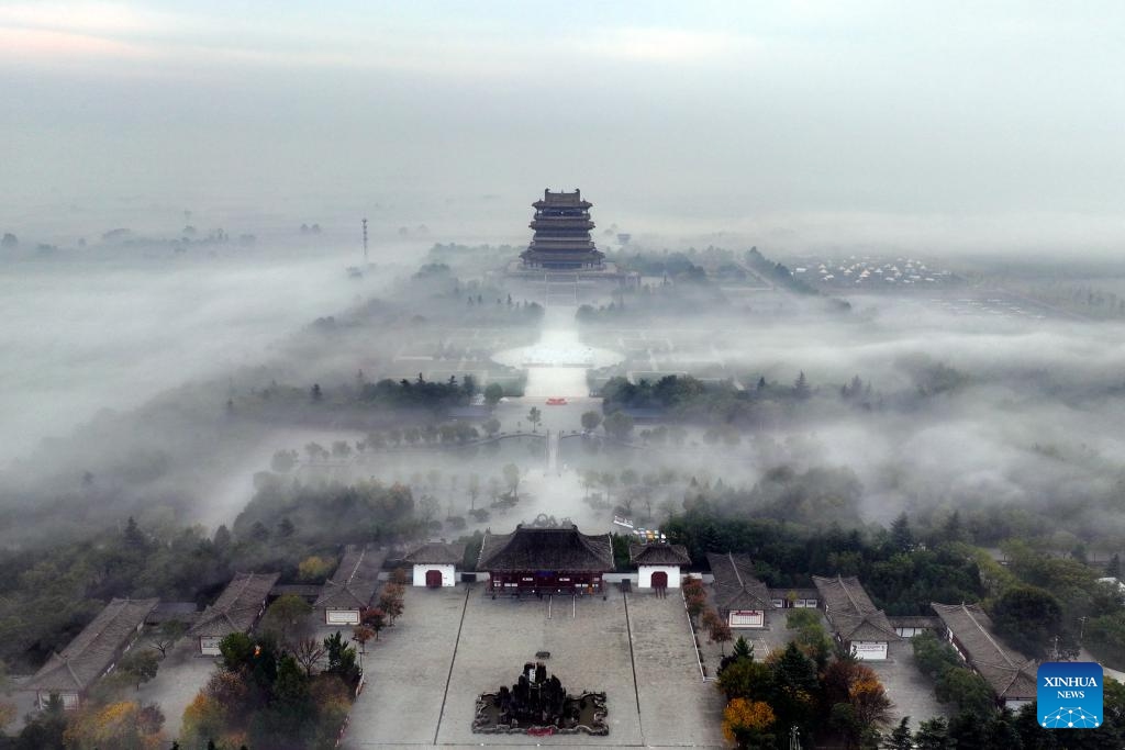 An aerial drone photo taken on Oct. 23,<strong></strong> 2023 shows a view of the Stork Tower, also known as Guanquelou in Chinese, in Yongji City of China's Shanxi Province. The Stork Tower in Shanxi Province, the Tengwang Pavilion in Jiangxi Province, the Yueyang Tower in Hunan Province and the Yellow Crane Tower in Hubei Province, four famous landmarks in China's central region, attract tourists with exquisite architectural art, magnificent scenery and profound history and culture.(Photo: Xinhua)