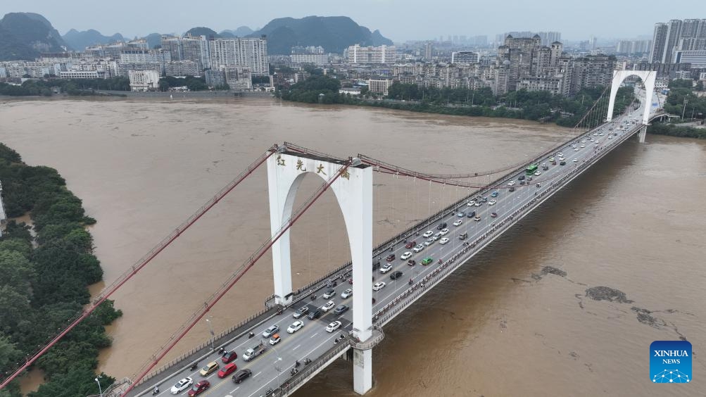 An aerial drone photo taken on June 19, 2024 shows surging water flow of the Liujiang River in Liuzhou City, south China's Guangxi Zhuang Autonomous Region. Due to heavy rainfall, water level at the Liuzhou hydrological station on the Liujiang River in Guangxi rose to 86.3 meters at 9:40 a.m. Wednesday, exceeding the alert line by 3.8 meters.(Photo: Xinhua)