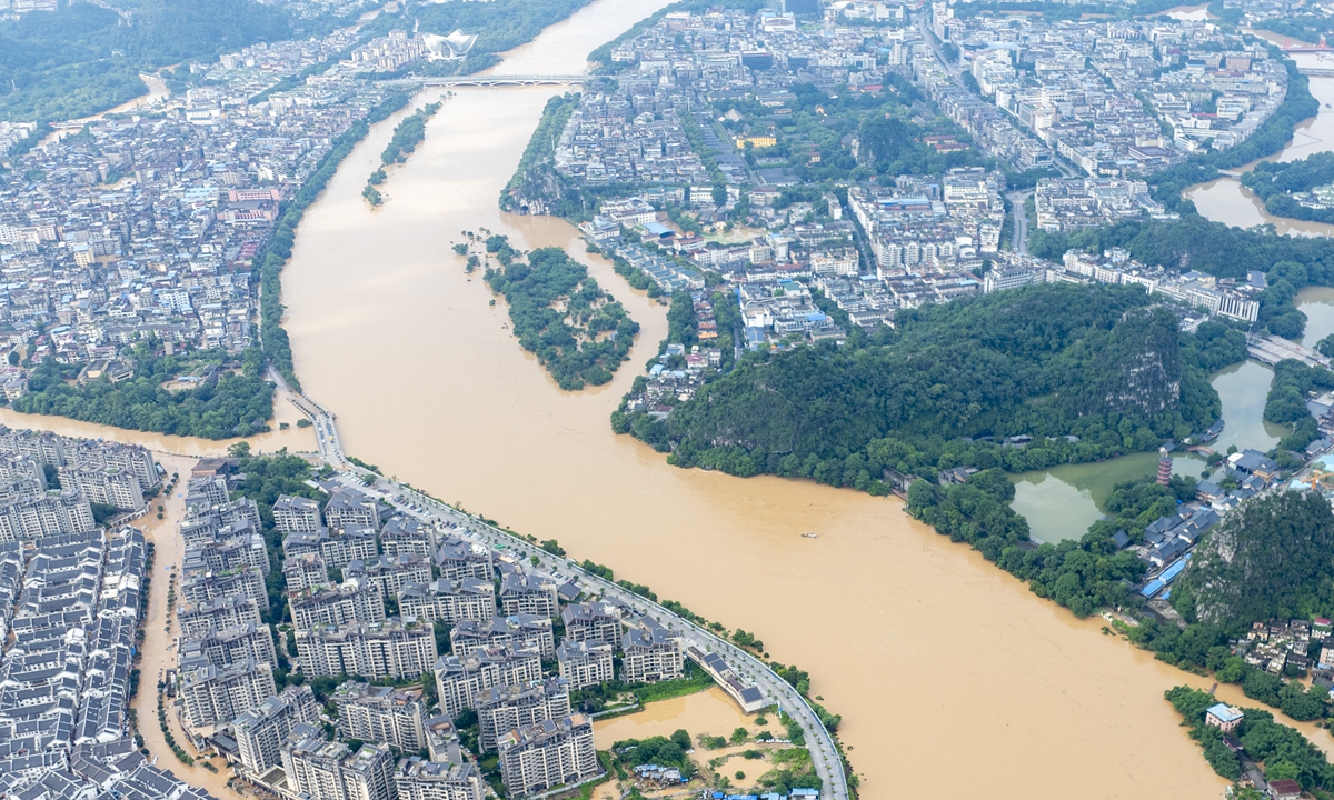 The area from the Yushan Bridge to Fubo Mountain in Guilin of South China's Guangxi Zhuang Autonomous Region is hit by floodwater on June 20, 2024, as the city experiences the largest flood since 1998 due to continuous heavy rainfall.Photo: VCG