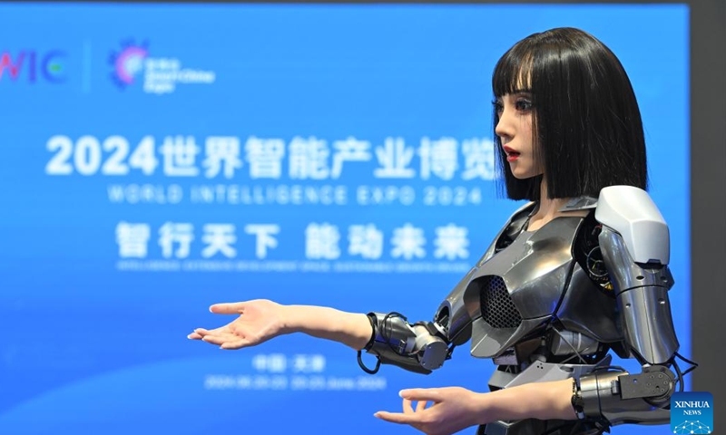 A humanoid robot is pictured at the World Intelligence Expo 2024 in north China's Tianjin, June 21, 2024. From coffee robots to humanoid robots, the four-day expo highlighted the diverse application scenarios of robots.