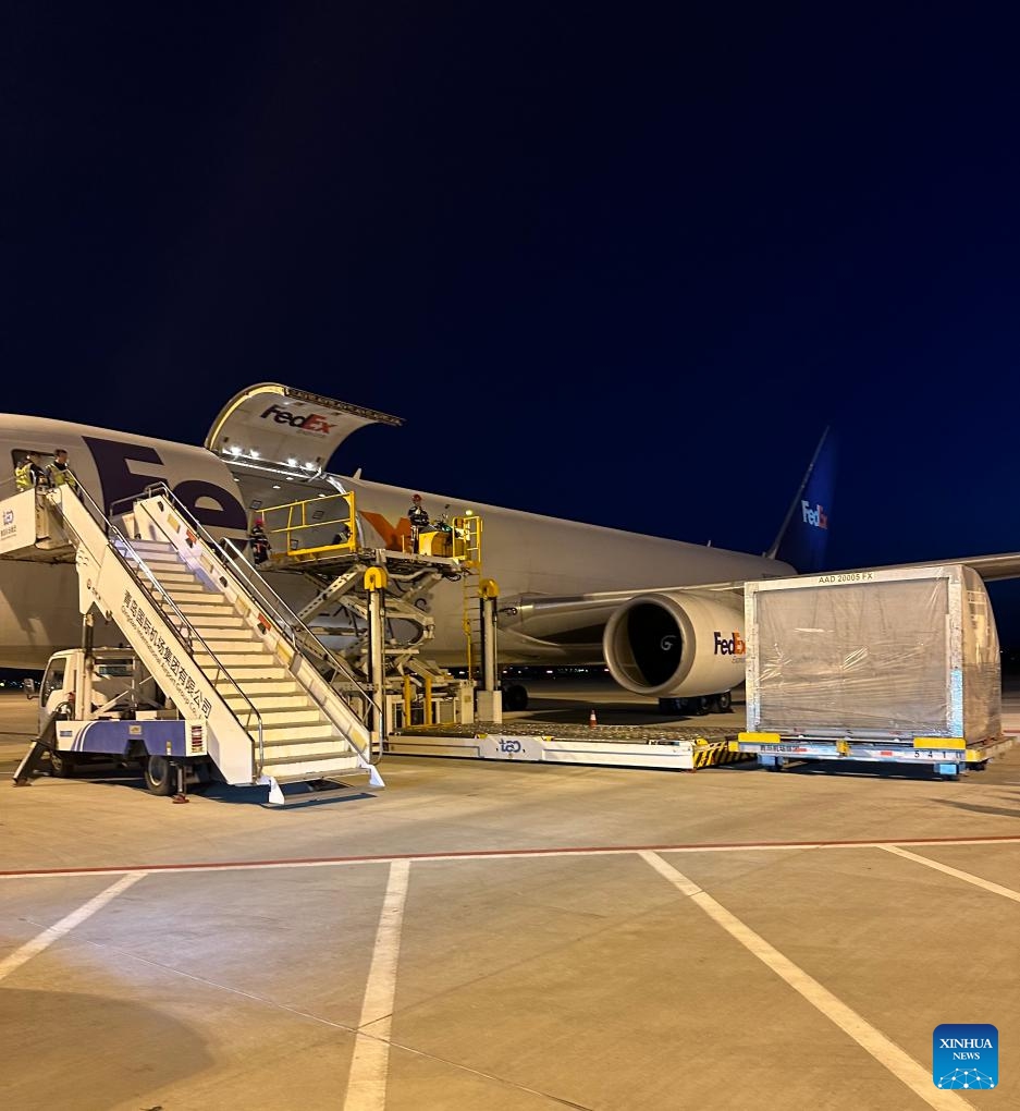 This undated photo shows staff members uploading cargos to a flight in Qingdao, east China's Shandong Province. The Federal Express Corporation (FedEx), a global express giant, has recently launched two new flights to the United States from the two coastal cities of Qingdao and Xiamen, China.(FedEx China/Handout via Xinhua)