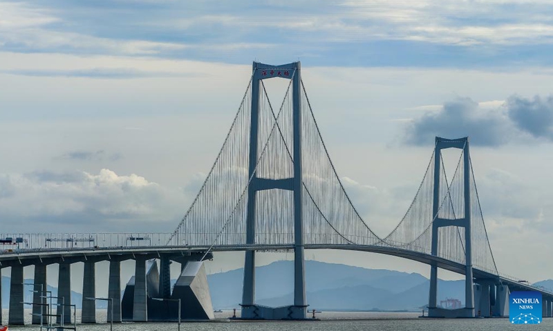 This photo taken on June 29, 2024 shows the Shenzhong Bridge of the Shenzhen-Zhongshan Link in south China's Guangdong Province. The Shenzhen-Zhongshan Link, a mega cross-sea passage in south China that features two bridges, two artificial islands, and an underwater tunnel, opened to traffic at 3 p.m. on Sunday.