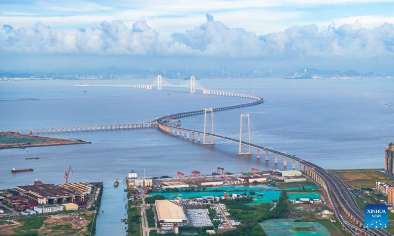 An aerial drone photo taken on June 27, 2024 shows the Shenzhen-Zhongshan Link in south China's Guangdong Province. 