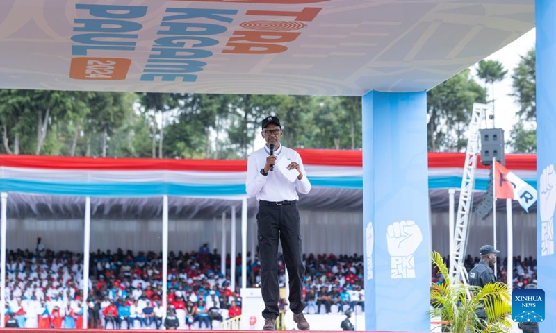 Rwandan President Paul Kagame speaks during the launch of presidential campaign in Musanze, Rwanda, June 22, 2024.

Campaigning started Saturday in Rwanda ahead of next month's presidential and legislative elections.

Three presidential candidates are in the race including incumbent President Paul Kagame of the ruling Rwanda Patriotic Front (RPF), Frank Habineza of the opposition Democratic Green Party of Rwanda and Philippe Mpayimana, an independent candidate.(Photo: Rwandan Office of the President/Xinhua)
