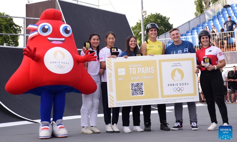 Women's Cycling BMX Freestyle qualifiers of Paris 2024 pose for photos after the Cycling BMX Freestyle Women's Park final at the Olympic Qualifier Series Budapest in Budapest, Hungary, June 22, 2024. (Photo: Xinhua)