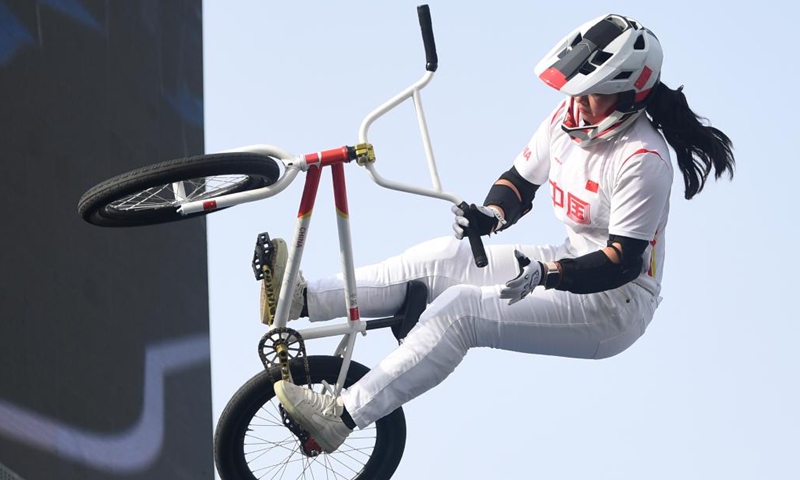 Deng Yawen of China competes during the Cycling BMX Freestyle Women's Park final at the Olympic Qualifier Series Budapest in Budapest, Hungary, June 22, 2024. (Photo: Xinhua)