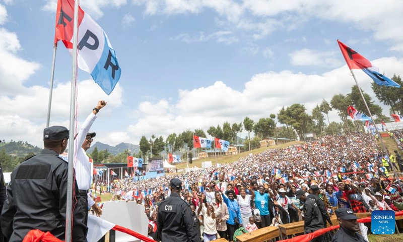 Rwandan President Paul Kagame reacts during the launch of presidential campaign in Musanze, Rwanda, June 22, 2024.

Campaigning started Saturday in Rwanda ahead of next month's presidential and legislative elections.

Three presidential candidates are in the race including incumbent President Paul Kagame of the ruling Rwanda Patriotic Front (RPF), Frank Habineza of the opposition Democratic Green Party of Rwanda and Philippe Mpayimana, an independent candidate.(Photo: Rwandan Office of the President/Xinhua)
