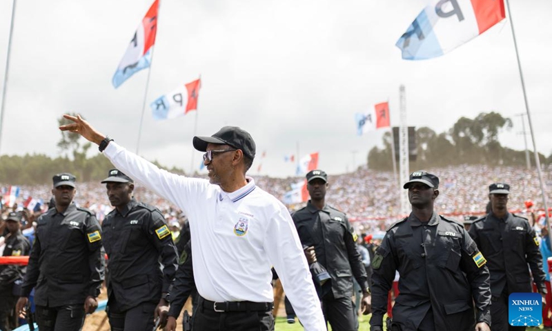 Rwandan President Paul Kagame waves during the launch of presidential campaign in Musanze, Rwanda, June 22, 2024.

Campaigning started Saturday in Rwanda ahead of next month's presidential and legislative elections.

Three presidential candidates are in the race including incumbent President Paul Kagame of the ruling Rwanda Patriotic Front (RPF), Frank Habineza of the opposition Democratic Green Party of Rwanda and Philippe Mpayimana, an independent candidate.(Photo: Rwandan Office of the President/Xinhua)
