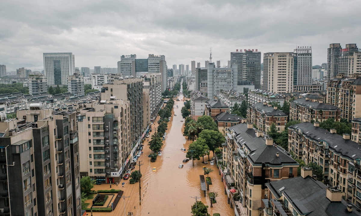 The city of Huangshan in East China's Anhui Province suffers severe flooding on June 20, 2024. Photo: VCG